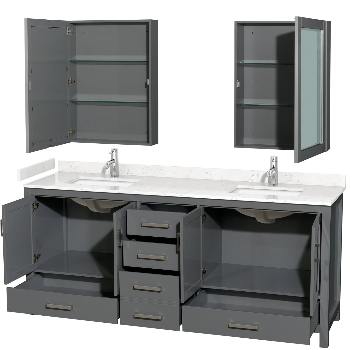 Sheffield 80" Double Vanity in Dark Gray, Carrara Marble Top, Medicine Cabinets