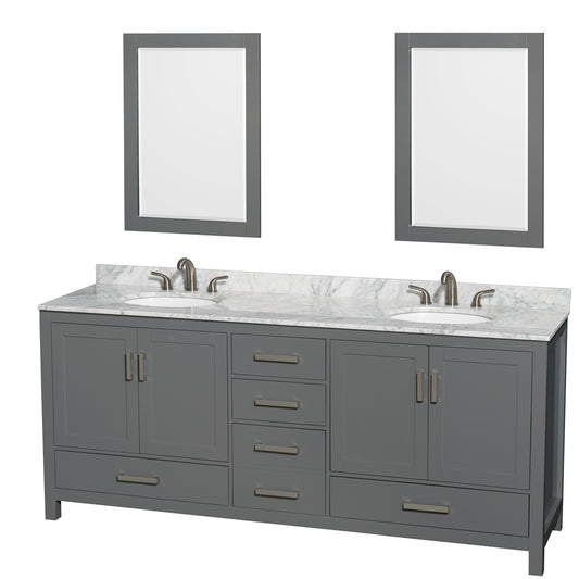 Sheffield 80 inch Double Bathroom Vanity in Dark Gray, White Carrara Marble Countertop, Undermount Oval Sinks, and 24 inch Mirrors