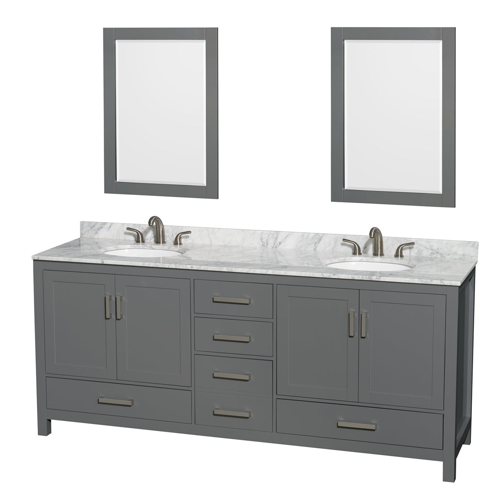 Sheffield 80" Double Vanity in Dark Gray, Top, Oval Sinks, 24" Mirrors