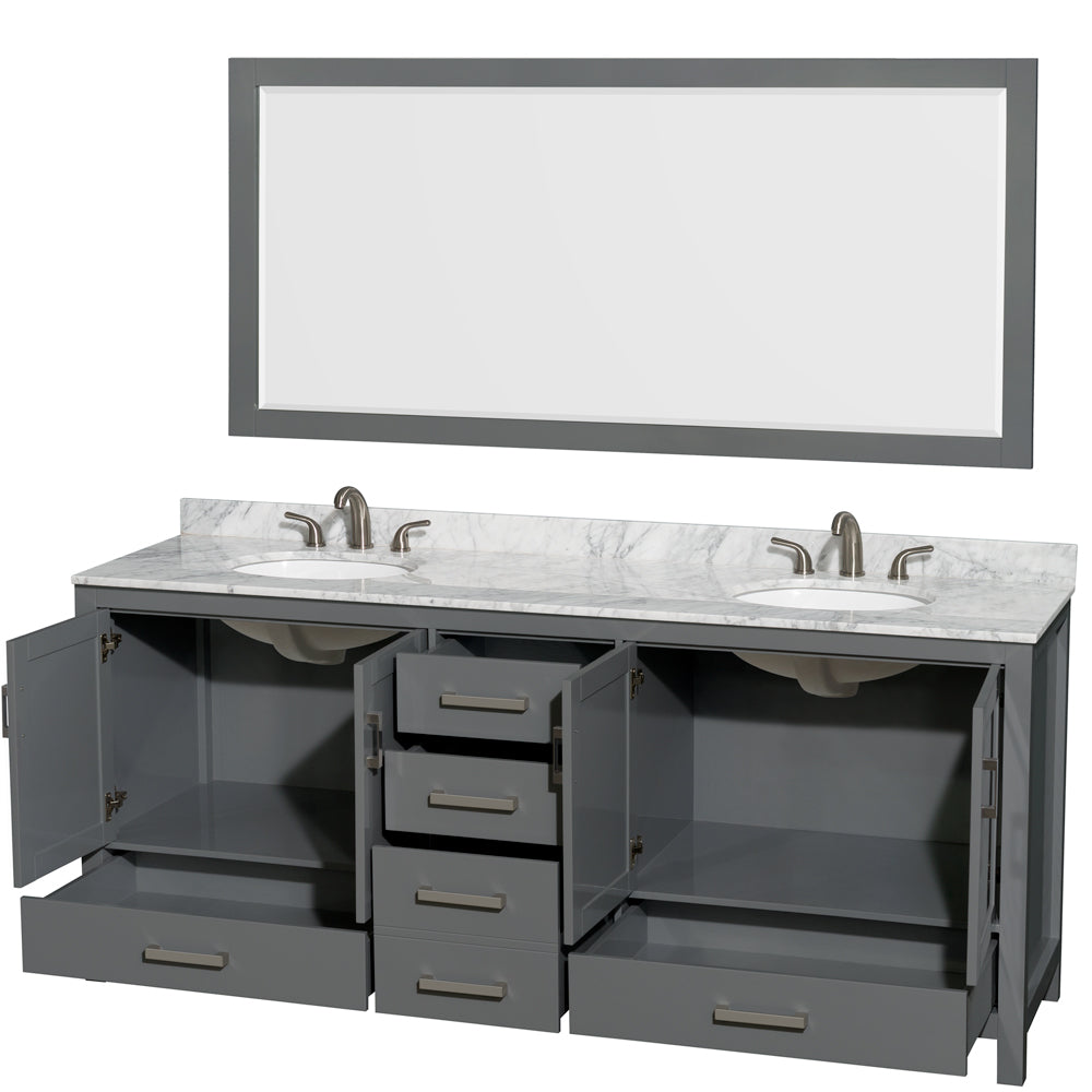 Sheffield 80" Double Vanity in Dark Gray, Top, Oval Sinks, 70" Mirror