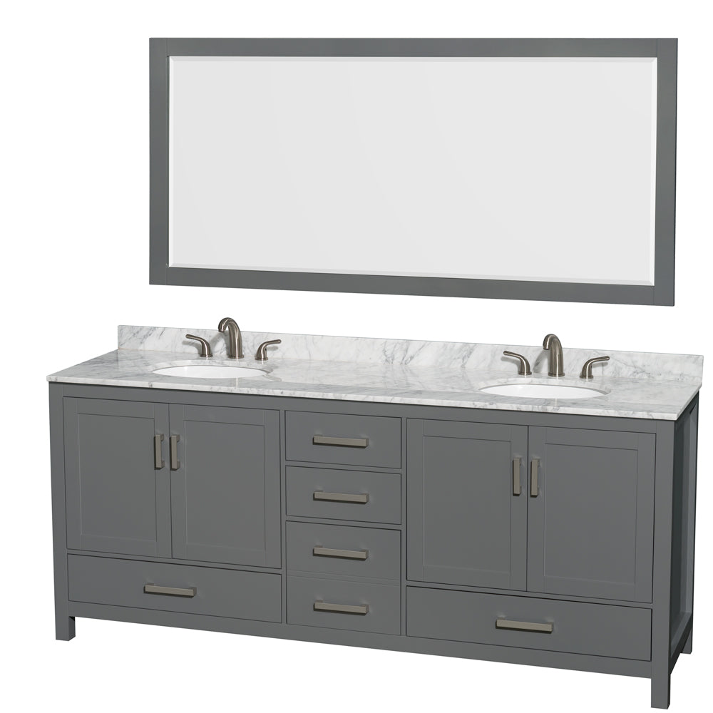 Sheffield 80 inch Double Bathroom Vanity in Dark Gray, White Carrara Marble Countertop, Undermount Oval Sinks, and 70 inch Mirror