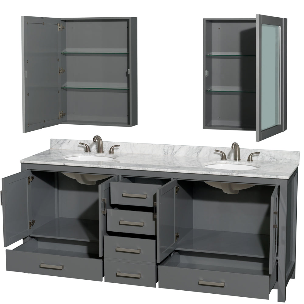 Sheffield 80" Double Vanity in Dark Gray, Top, Oval Sinks, Medicine Cabinets