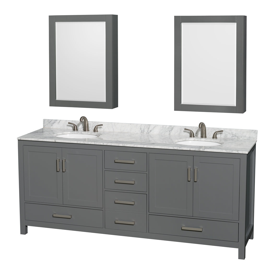 Sheffield 80 inch Double Bathroom Vanity in Dark Gray, White Carrara Marble Countertop, Undermount Oval Sinks, and Medicine Cabinets