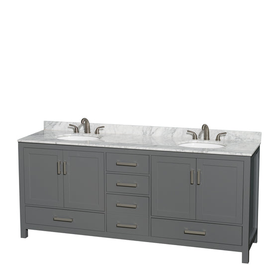 Sheffield 80 inch Double Bathroom Vanity in Dark Gray, White Carrara Marble Countertop, Undermount Oval Sinks, and No Mirror