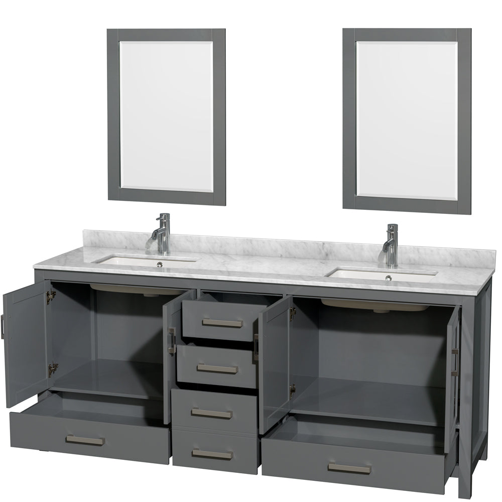 Sheffield 80" Double Vanity in Dark Gray, Top, Square Sinks, 24" Mirrors