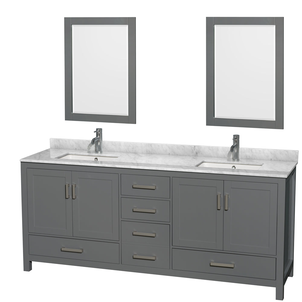 Sheffield 80 inch Double Bathroom Vanity in Dark Gray, White Carrara Marble Countertop, Undermount Square Sinks, and 24 inch Mirrors