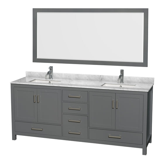 Sheffield 80 inch Double Bathroom Vanity in Dark Gray, White Carrara Marble Countertop, Undermount Square Sinks, and 70 inch Mirror