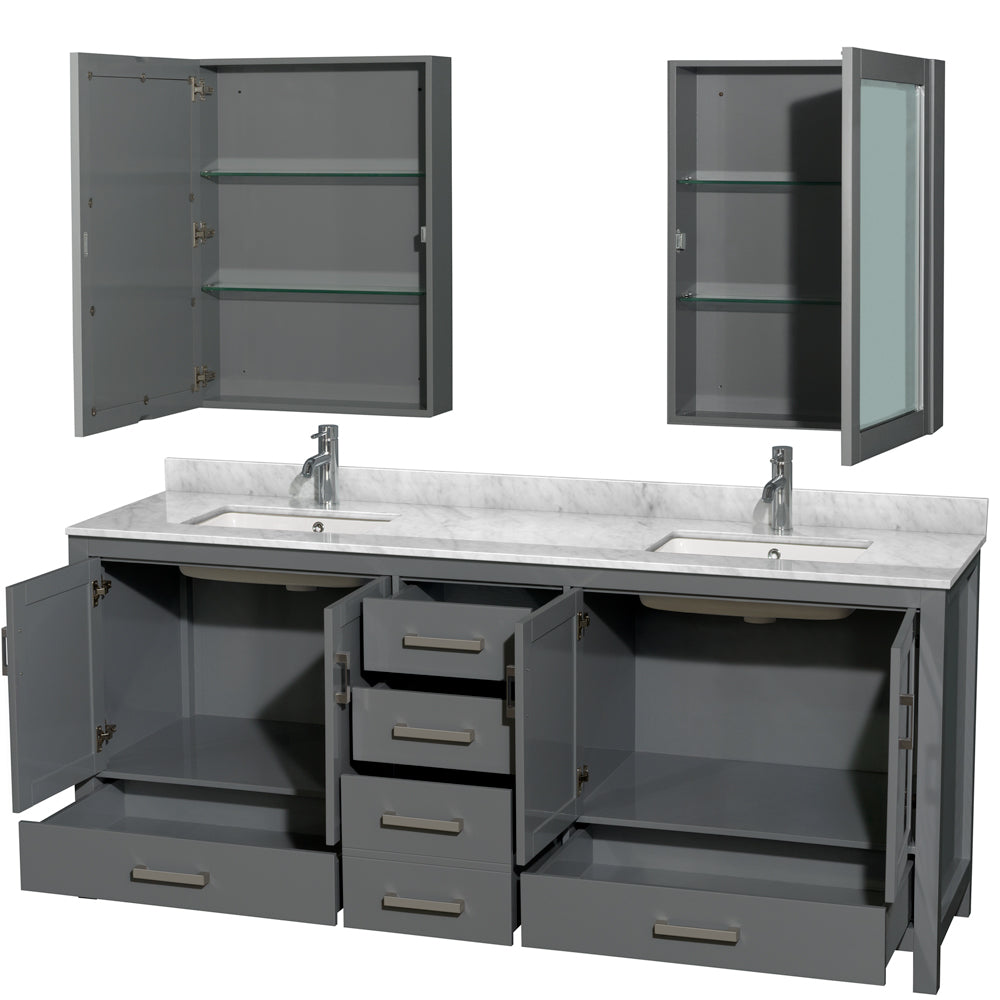 Sheffield 80" Double Vanity in Dark Gray, Top, Square Sinks, Medicine Cabinets