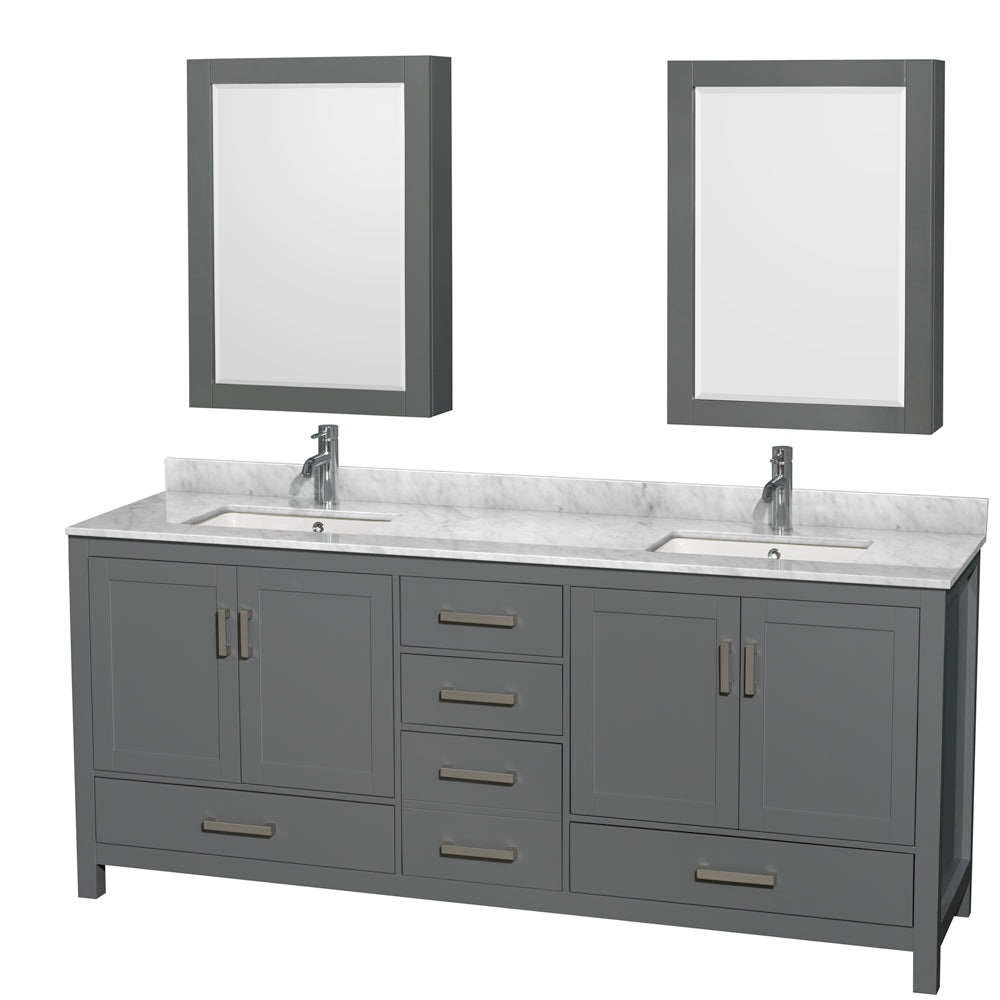 Sheffield 80 inch Double Bathroom Vanity in Dark Gray, White Carrara Marble Countertop, Undermount Square Sinks, and Medicine Cabinets