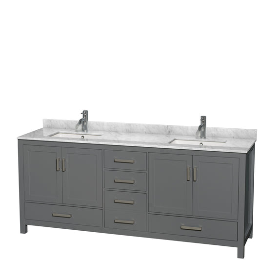 Sheffield 80 inch Double Bathroom Vanity in Dark Gray, White Carrara Marble Countertop, Undermount Square Sinks, and No Mirror