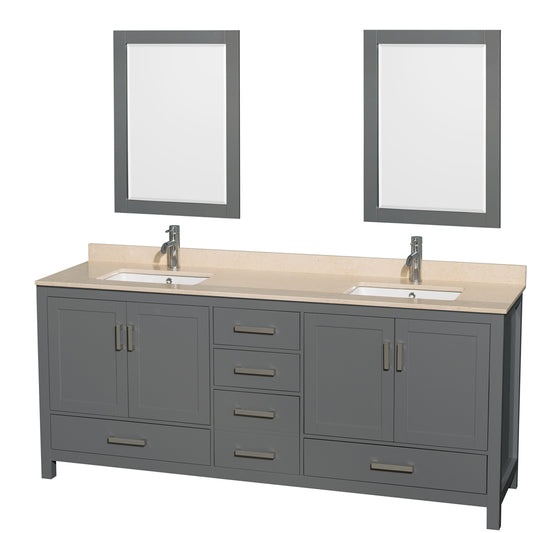 Sheffield 80 inch Double Bathroom Vanity in Dark Gray, Ivory Marble Countertop, Undermount Square Sinks, and 24 inch Mirrors