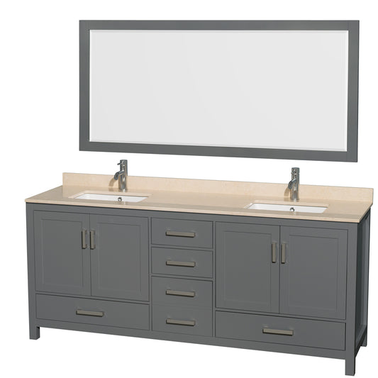 Sheffield 80 inch Double Bathroom Vanity in Dark Gray, Ivory Marble Countertop, Undermount Square Sinks, and 70 inch Mirror