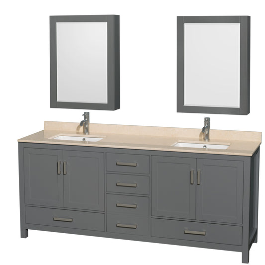 Sheffield 80 inch Double Bathroom Vanity in Dark Gray, Ivory Marble Countertop, Undermount Square Sinks, and Medicine Cabinets