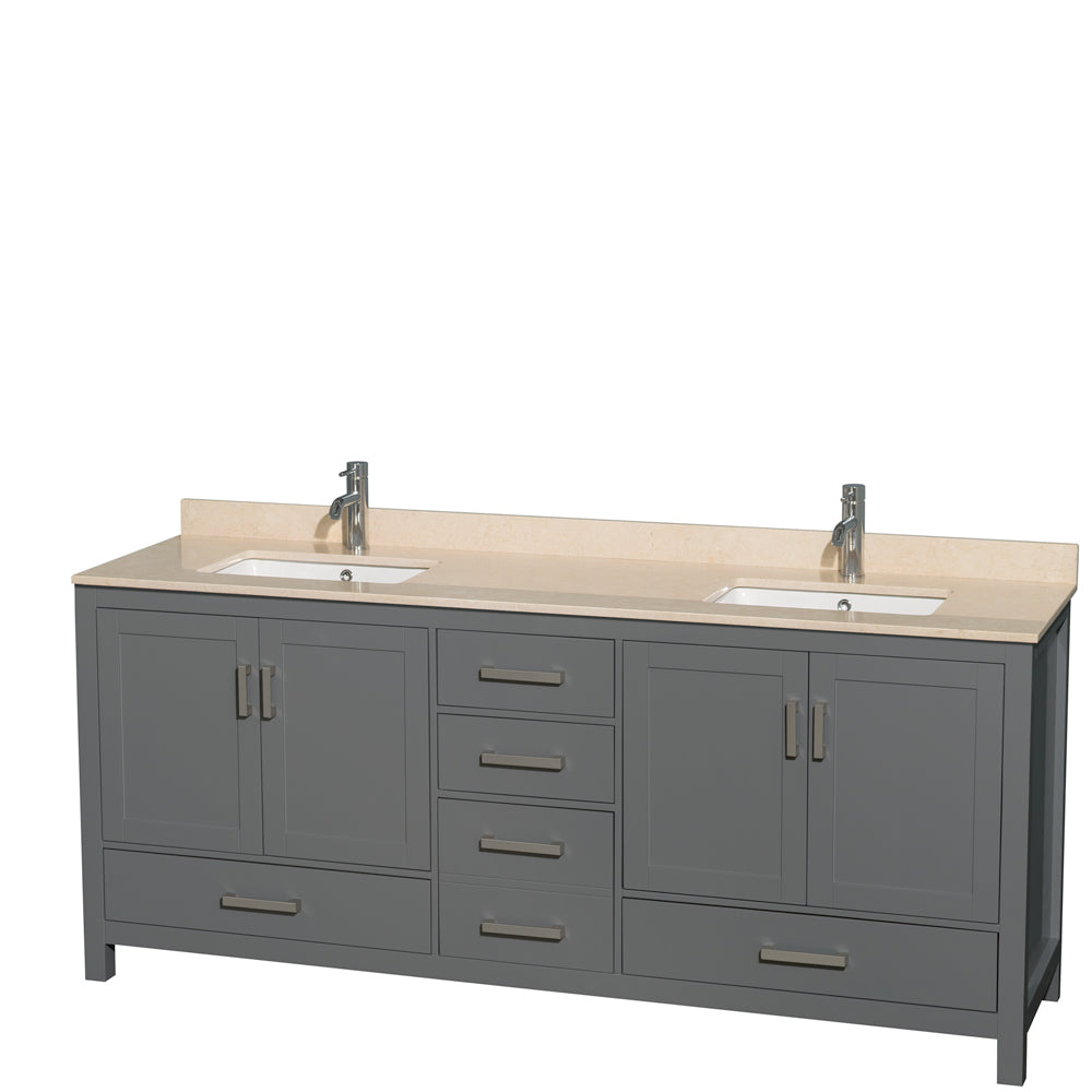 Sheffield 80 inch Double Bathroom Vanity in Dark Gray, Ivory Marble Countertop, Undermount Square Sinks, and No Mirror