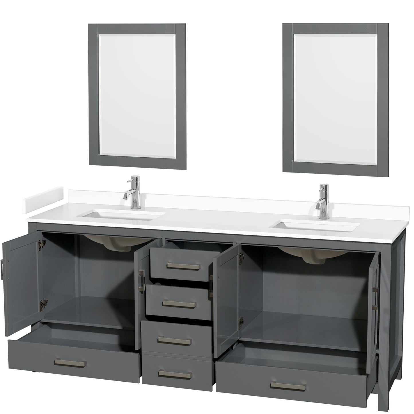 Sheffield 80" Double Vanity in Dark Gray, White Marble Top, Square 24" Mirrors
