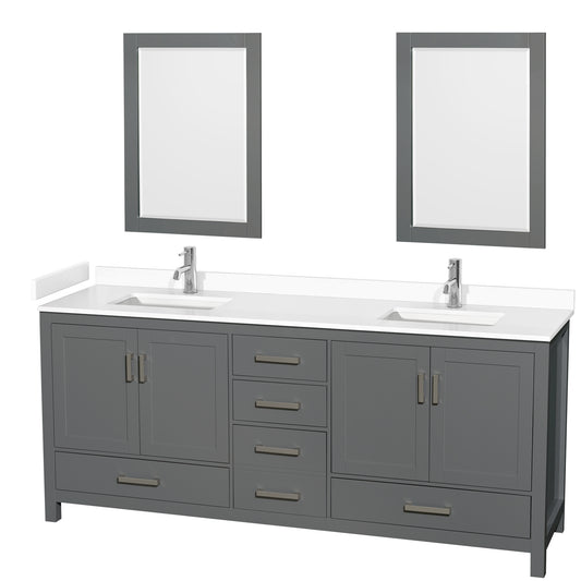 Sheffield 80" Double Vanity in Dark Gray, White Marble Top, Square 24" Mirrors
