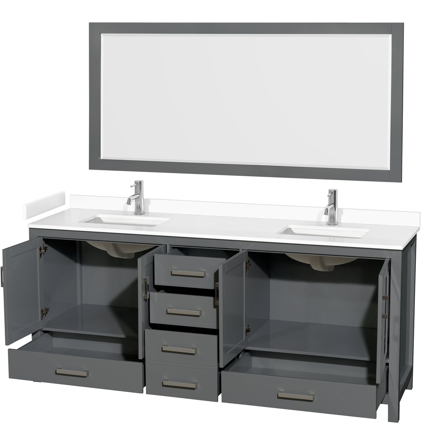Sheffield 80" Double Vanity in Dark Gray, White Marble Top, Square 70" Mirror