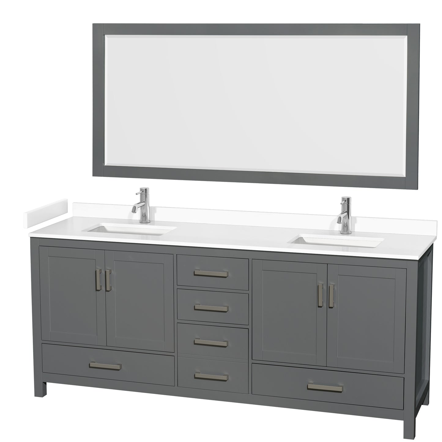 Sheffield 80" Double Vanity in Dark Gray, White Marble Top, Square 70" Mirror