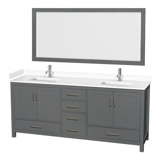 Sheffield 80" Double Vanity in Dark Gray, White Marble Top, Square 70" Mirror