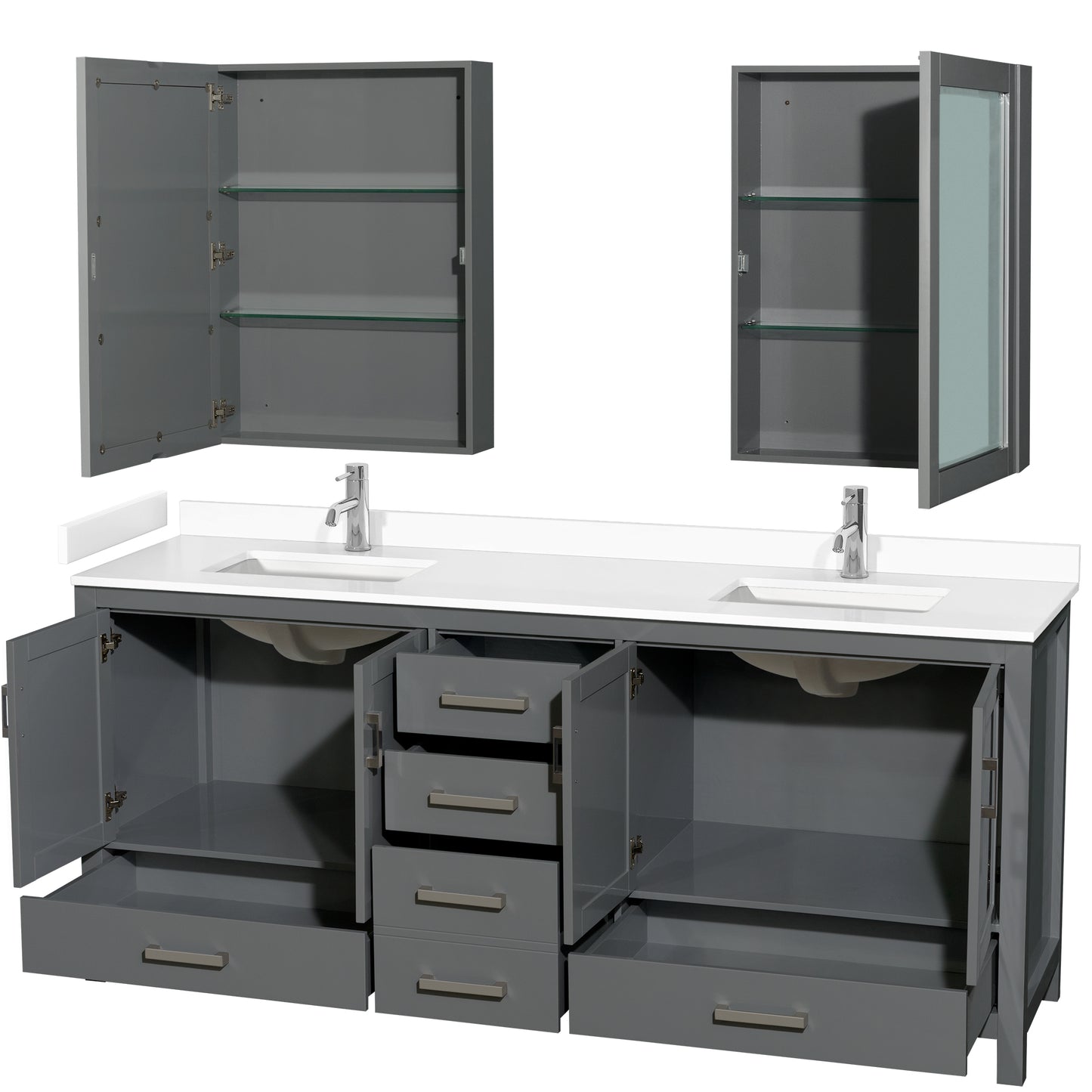Sheffield 80" Double Vanity in Dark Gray, White Marble Top, Medicine Cabinets