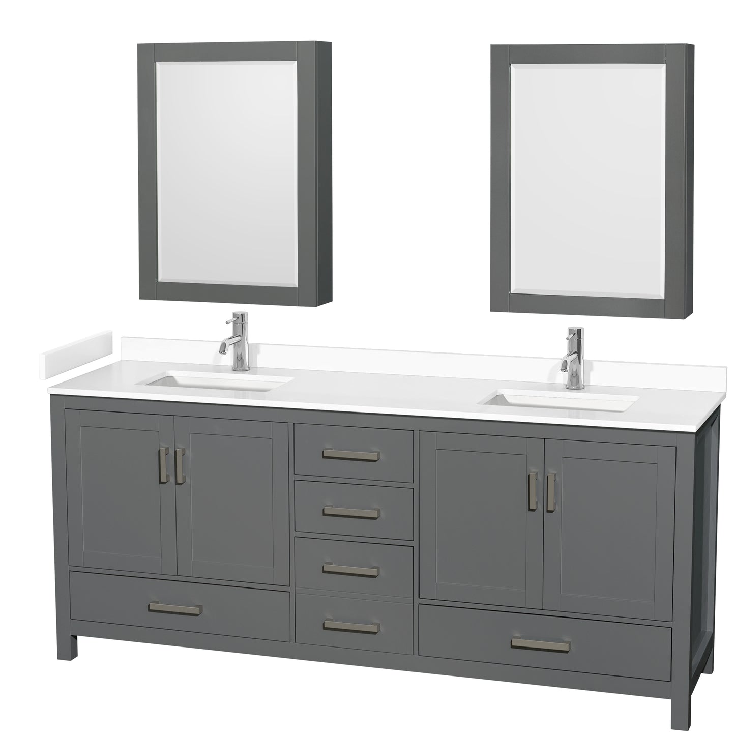 Sheffield 80" Double Vanity in Dark Gray, White Marble Top, Medicine Cabinets