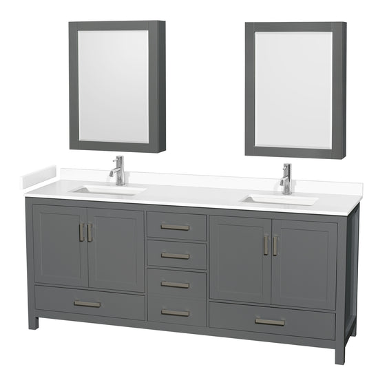 Sheffield 80" Double Vanity in Dark Gray, White Marble Top, Medicine Cabinets
