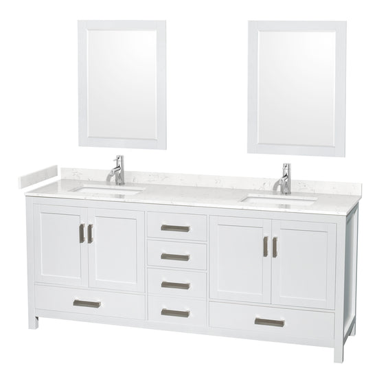 Sheffield 80" Double Vanity in White, Carrara Marble Top, Square 24" Mirrors