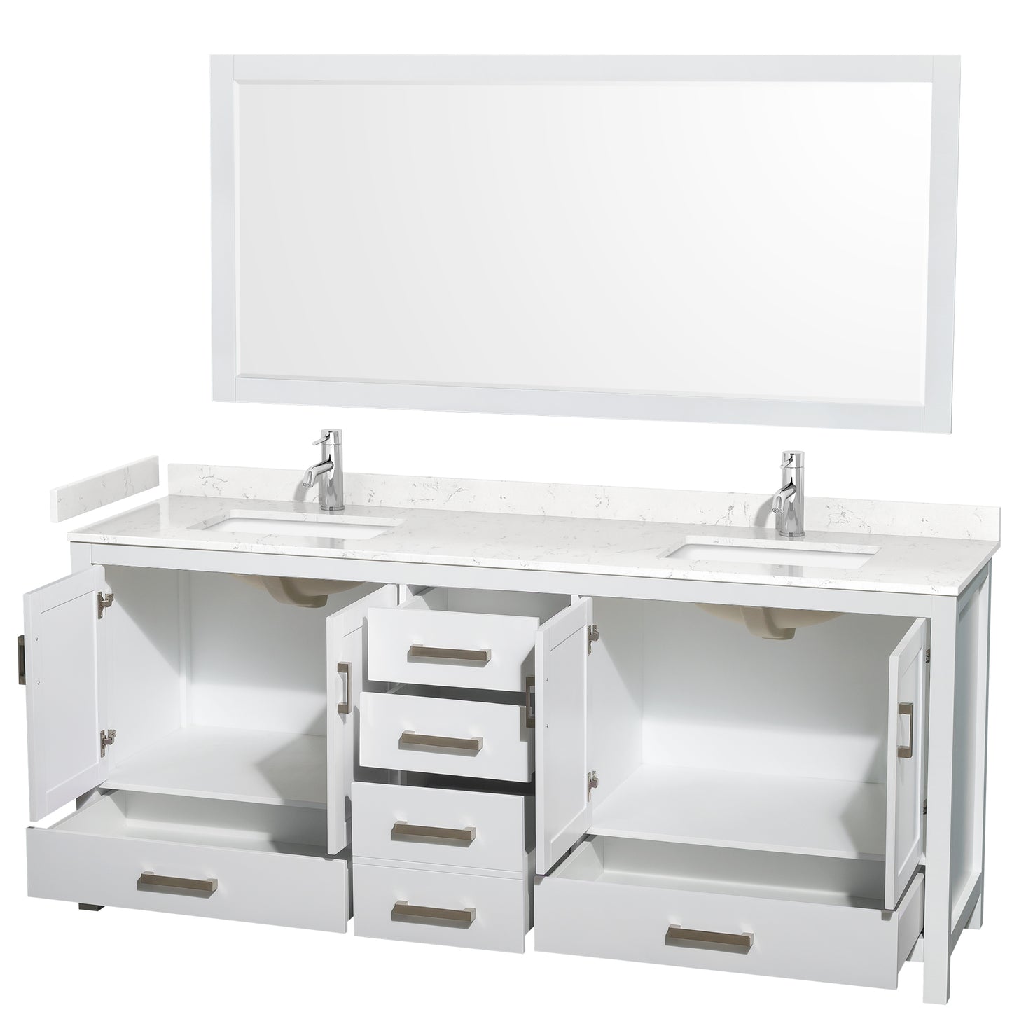 Sheffield 80" Double Vanity in White, Carrara Marble Top, Square 70" Mirror