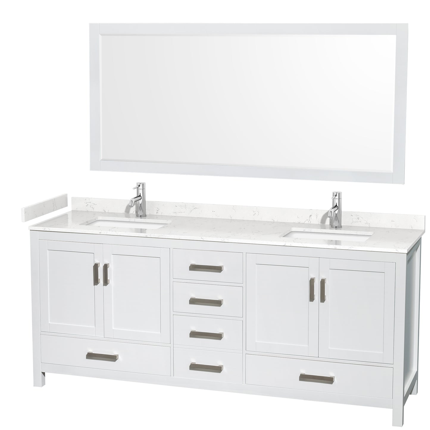 Sheffield 80" Double Vanity in White, Carrara Marble Top, Square 70" Mirror