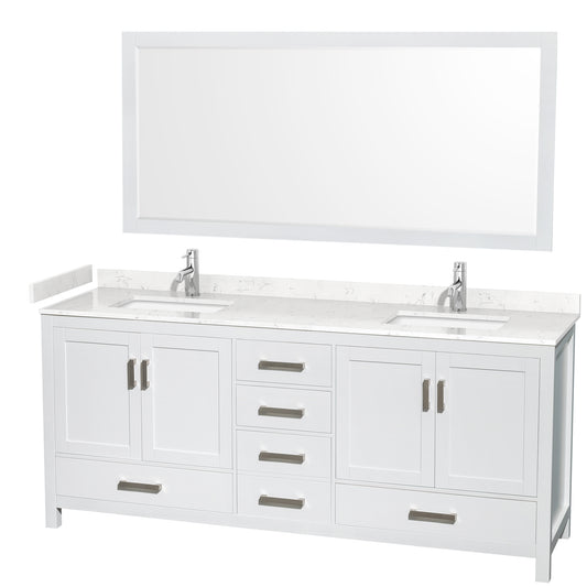 Sheffield 80" Double Vanity in White, Carrara Marble Top, Square 70" Mirror