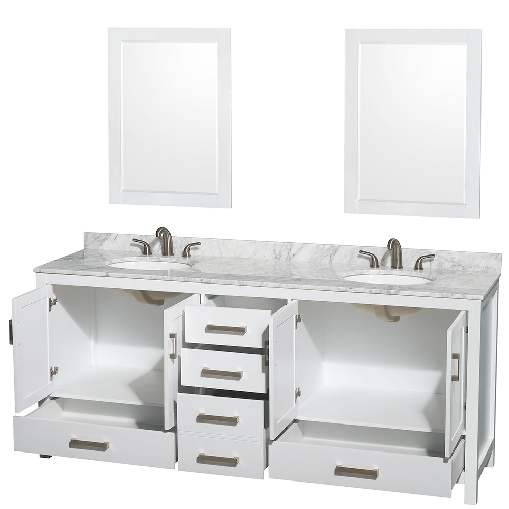 Sheffield 80" Double Vanity in White, Top, Oval Sinks, 24" Mirrors