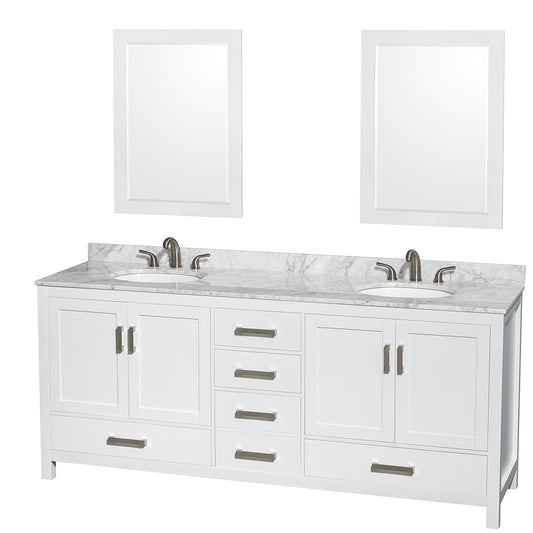 Sheffield 80 inch Double Bathroom Vanity in White, White Carrara Marble Countertop, Undermount Oval Sinks, and 24 inch Mirrors