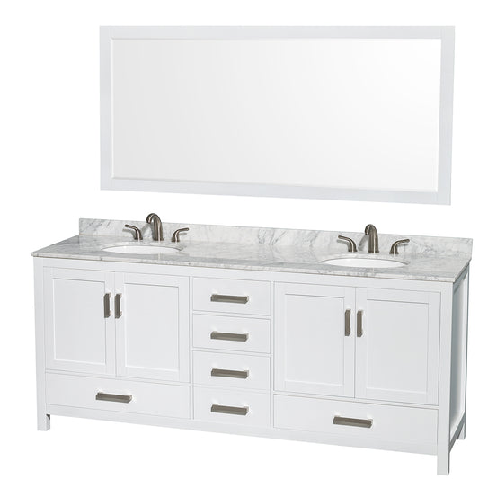 Sheffield 80 inch Double Bathroom Vanity in White, White Carrara Marble Countertop, Undermount Oval Sinks, and 70 inch Mirror