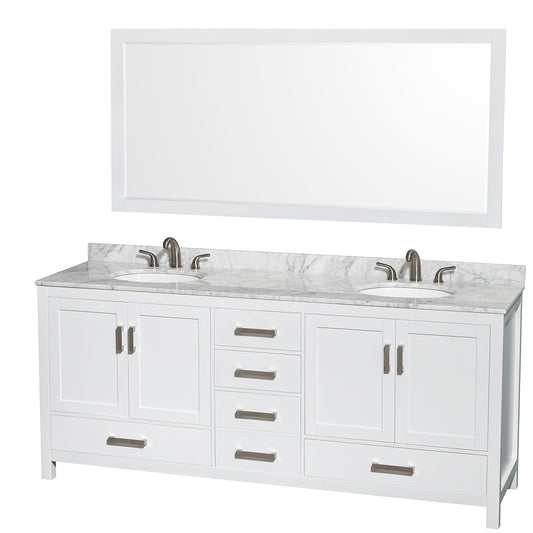 Sheffield 80" Double Vanity in White, Top, Oval Sinks, 70" Mirror