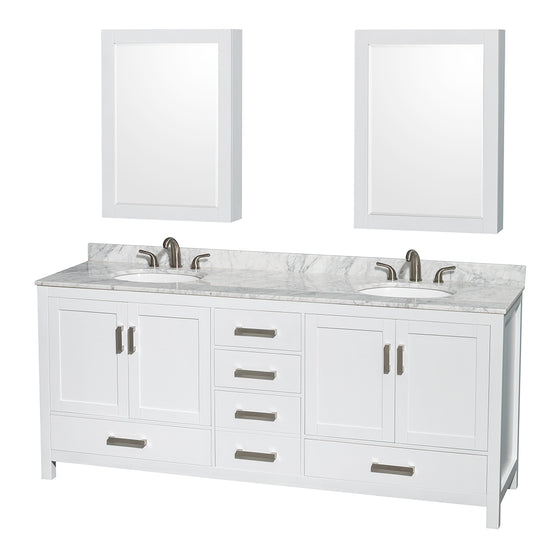 Sheffield 80 inch Double Bathroom Vanity in White, White Carrara Marble Countertop, Undermount Oval Sinks, and Medicine Cabinets