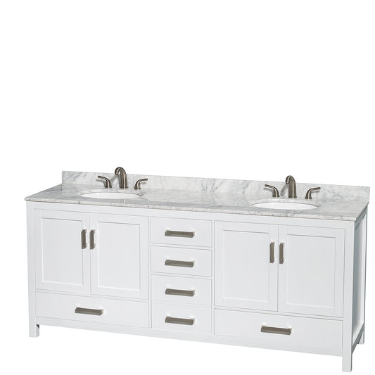 Sheffield 80 inch Double Bathroom Vanity in White, White Carrara Marble Countertop, Undermount Oval Sinks, and No Mirror