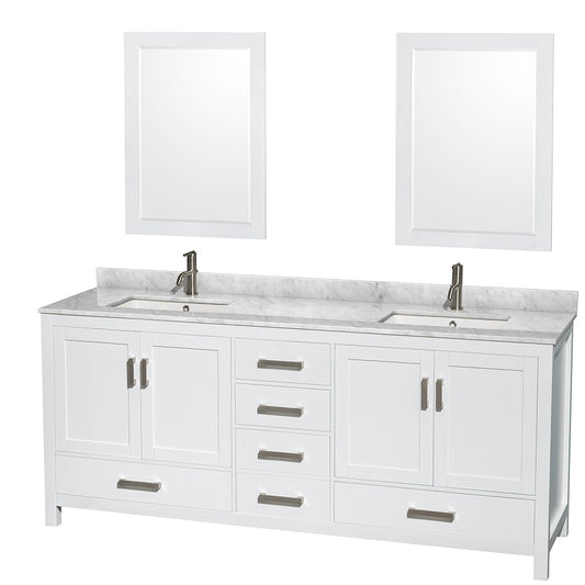 Sheffield 80 inch Double Bathroom Vanity in White, White Carrara Marble Countertop, Undermount Square Sinks, and 24 inch Mirrors