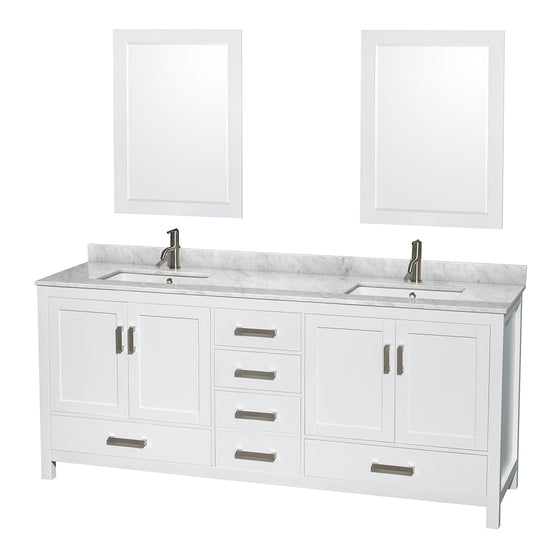 Sheffield 80" Double Vanity in White, Top, Square Sinks, 24" Mirrors