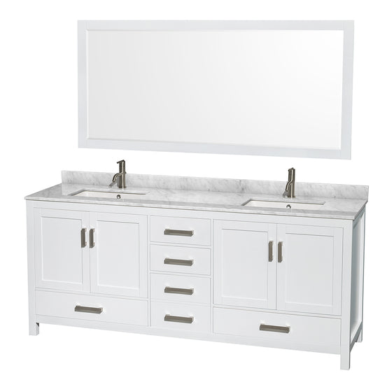 Sheffield 80 inch Double Bathroom Vanity in White, White Carrara Marble Countertop, Undermount Square Sinks, and 70 inch Mirror