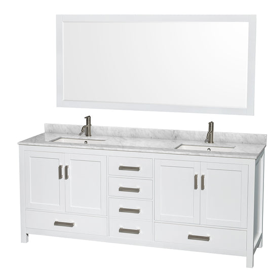 Sheffield 80" Double Vanity in White, Top, Square Sinks, 70" Mirror
