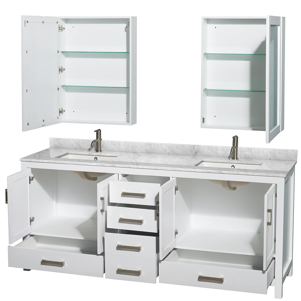 Sheffield 80" Double Vanity in White, top, Square Sinks, Medicine Cabinets