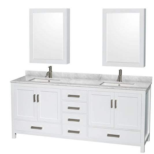 Sheffield 80 inch Double Bathroom Vanity in White, White Carrara Marble Countertop, Undermount Square Sinks, and Medicine Cabinets