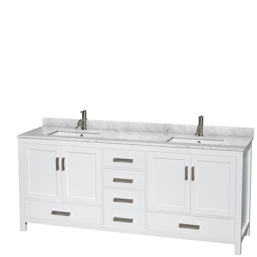 Sheffield 80 inch Double Bathroom Vanity in White, White Carrara Marble Countertop, Undermount Square Sinks, and No Mirror