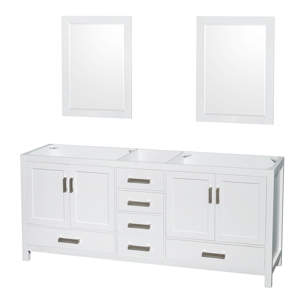 Sheffield 80" Double Vanity in White, No Top, No Sinks, 24" Mirrors