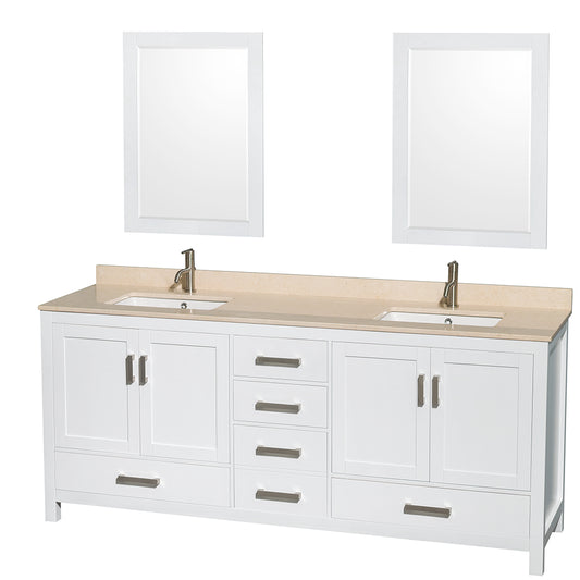 Sheffield 80 inch Double Bathroom Vanity in White, Ivory Marble Countertop, Undermount Square Sinks, and 24 inch Mirrors