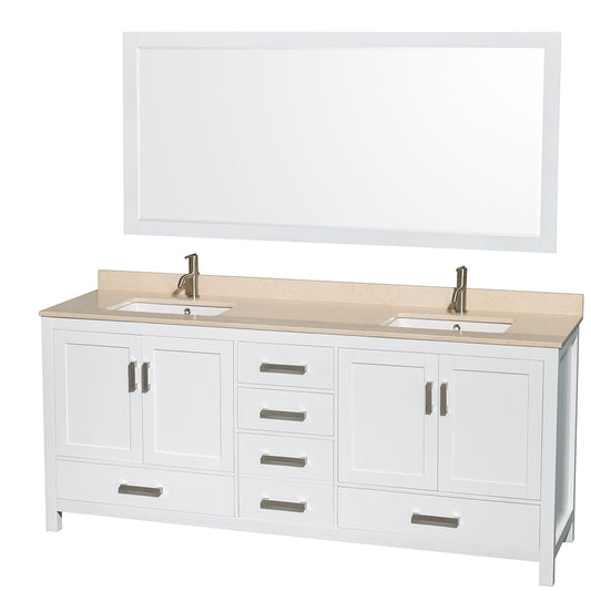 Sheffield 80 inch Double Bathroom Vanity in White, Ivory Marble Countertop, Undermount Square Sinks, and 70 inch Mirror