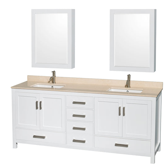 Sheffield 80 inch Double Bathroom Vanity in White, Ivory Marble Countertop, Undermount Square Sinks, and Medicine Cabinets