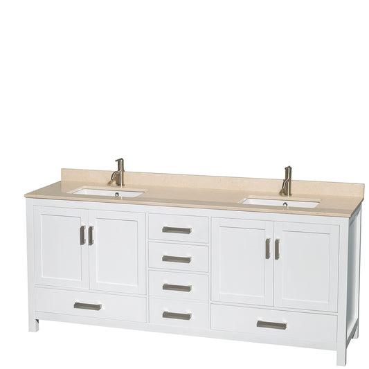 Sheffield 80 inch Double Bathroom Vanity in White, Ivory Marble Countertop, Undermount Square Sinks, and No Mirror