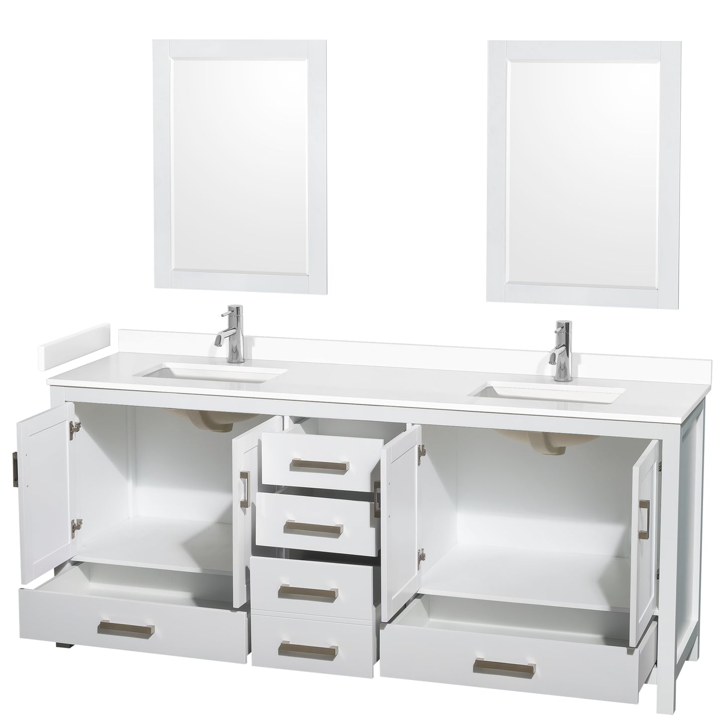 Sheffield 80" Double Vanity in White, White Marble Top, Square 24" Mirrors