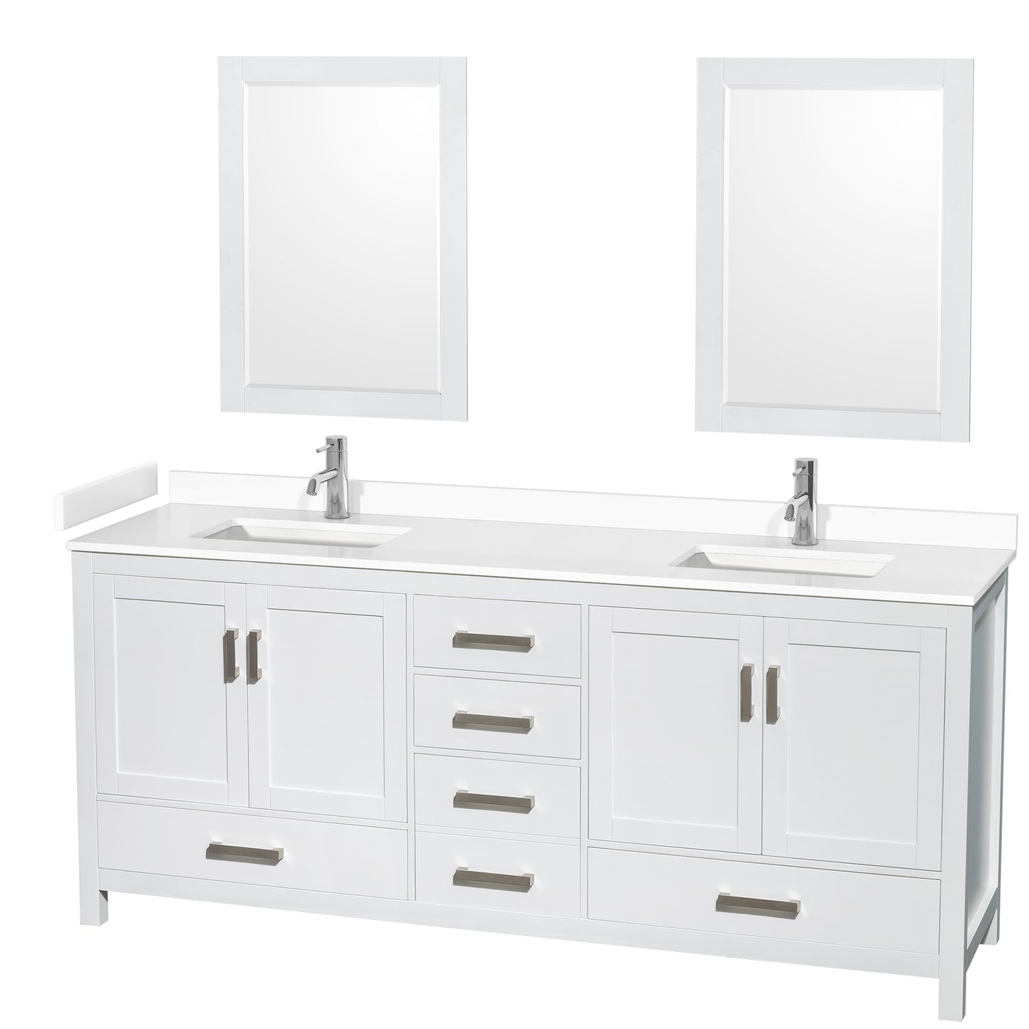 Sheffield 80" Double Vanity in White, White Marble Top, Square 24" Mirrors